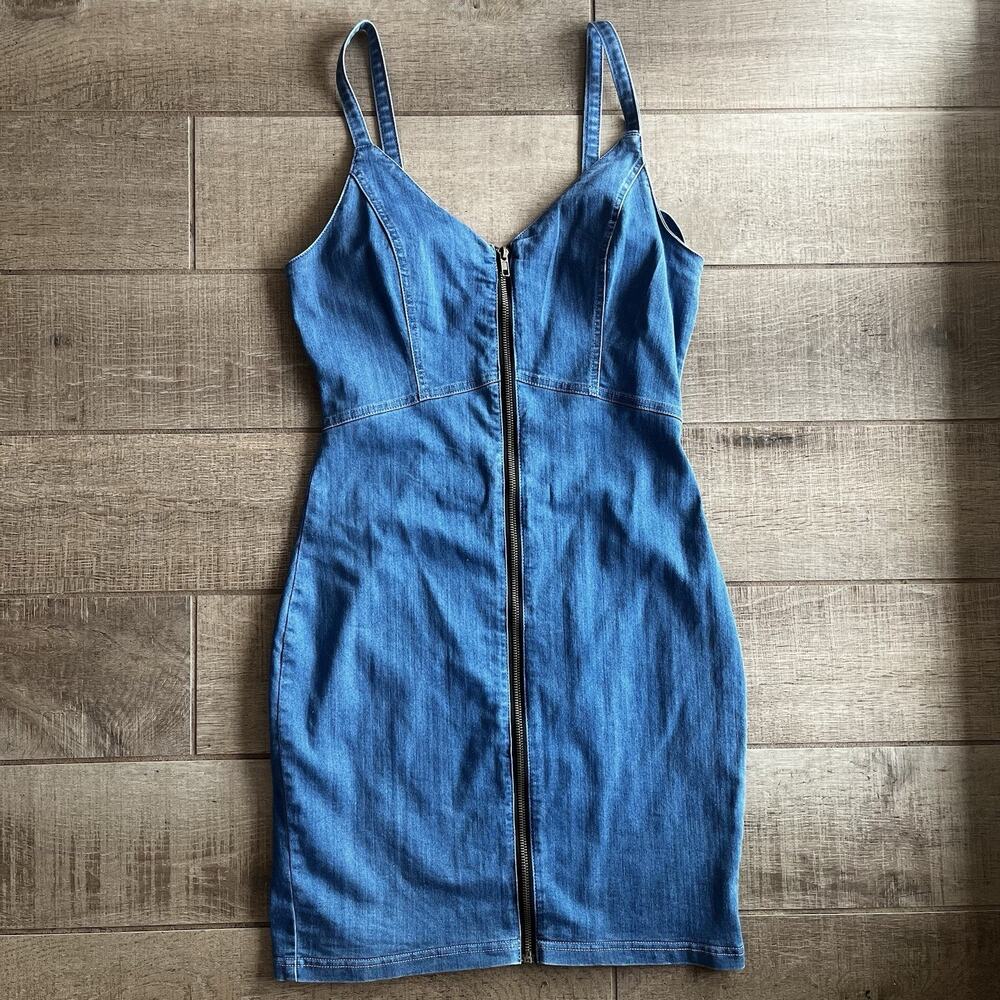 Haute Monde Denim Mini Dress M Zip Front Bodycon Adjustable Spaghetti Straps